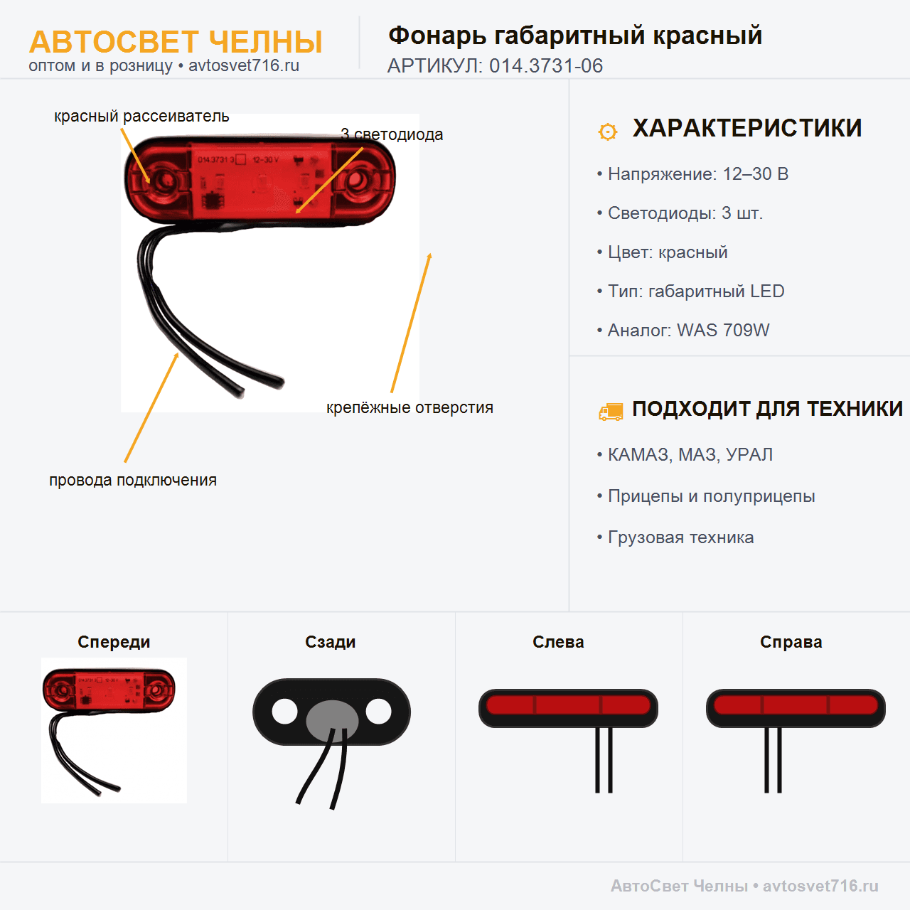 Фонарь габаритный 014.3731-06 красный (3 светодиода) (Аналог WAS 709W