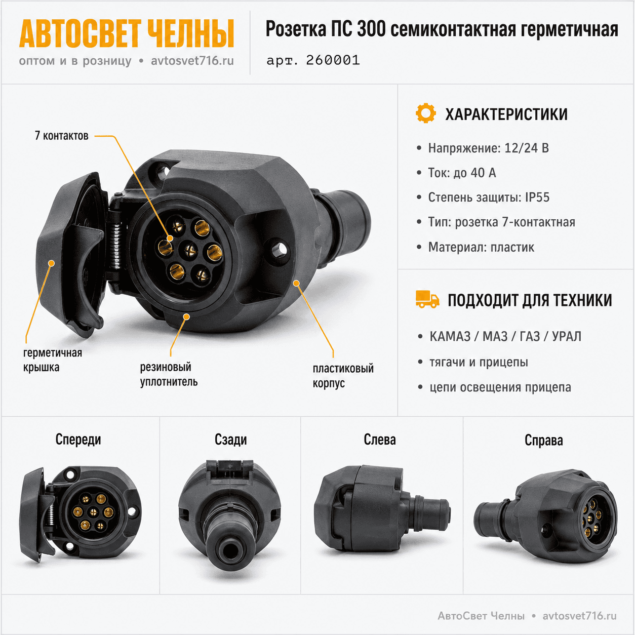 Розетка ПС 300 семиконтактная гермитичная 260001 пласт.