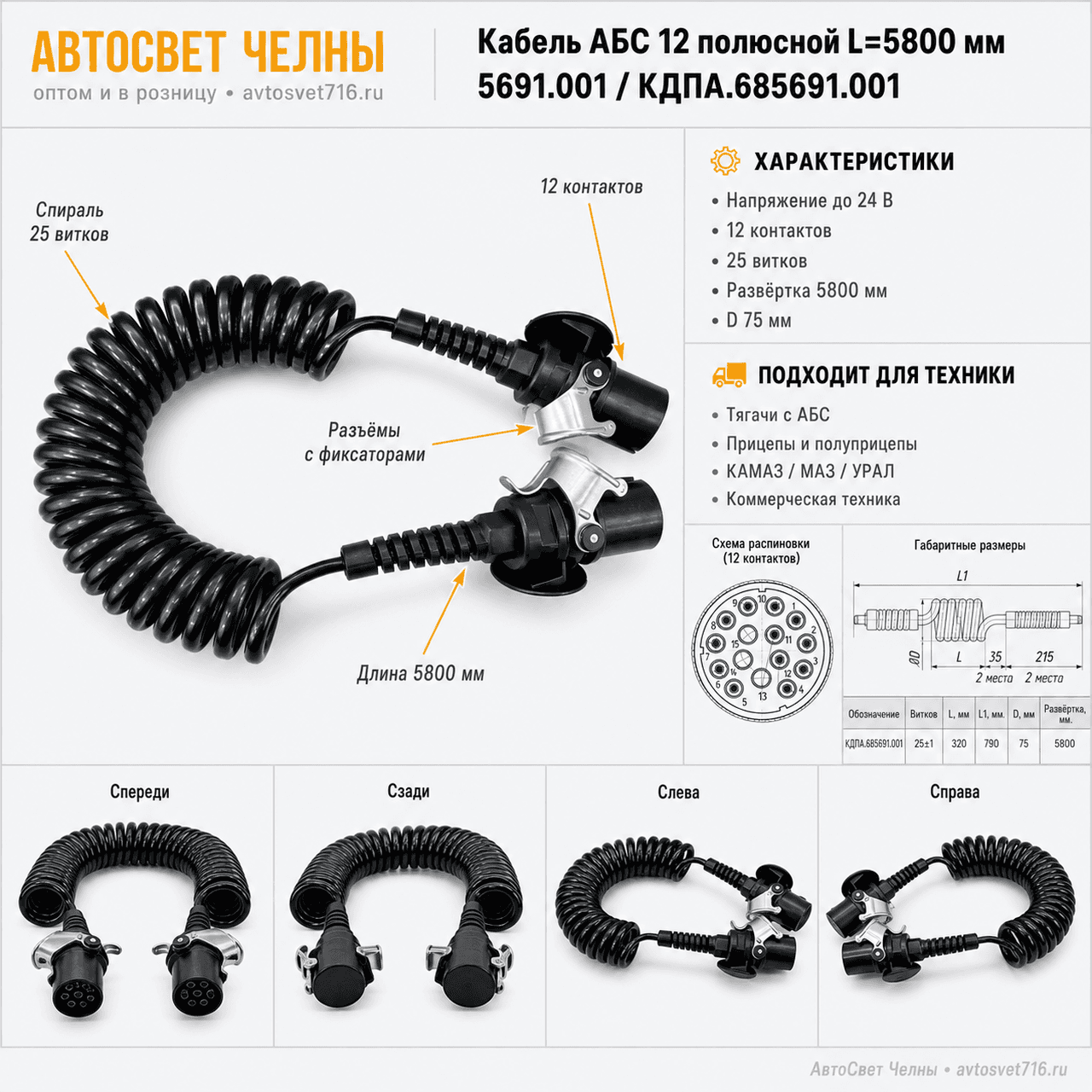 Кабель АБС 12 полюсной L=5800 мм, КДПА.685691.001 /ЗК/