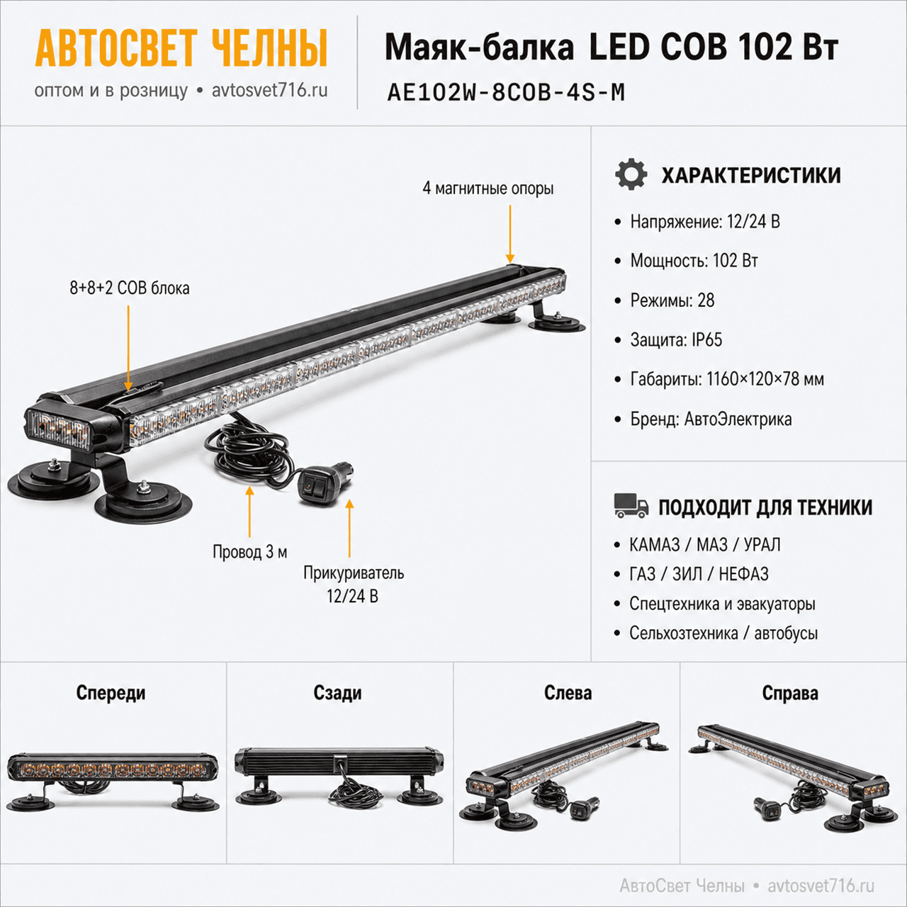 Маяк балка 10-30 V (4-х сторонняя панель 28 реж.) 102Вт,LED COB 8+8+2,