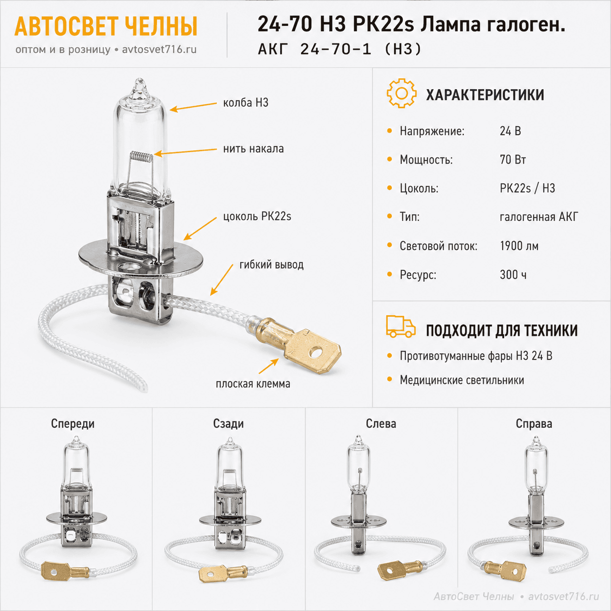 24-70 Н3 PK22s Лампа галоген. /БЭЛЗ АКГ 24-70-1 (Н3)
