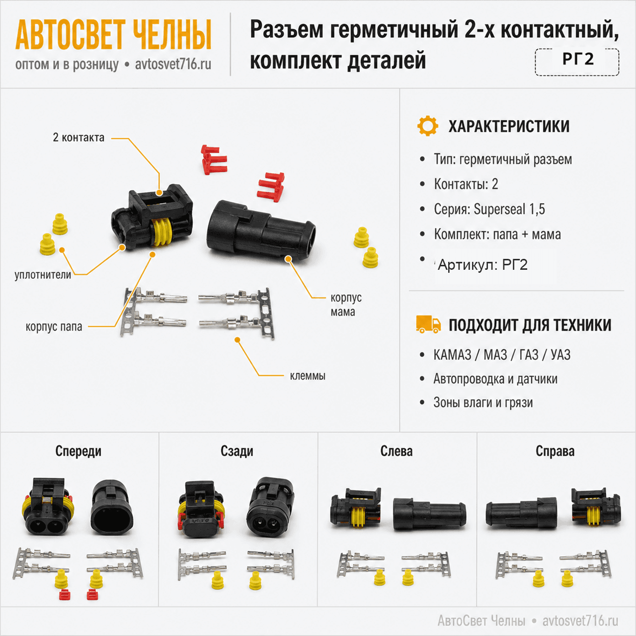 Разъем гермитичный 2-х контактный, Комплект деталей РГ2