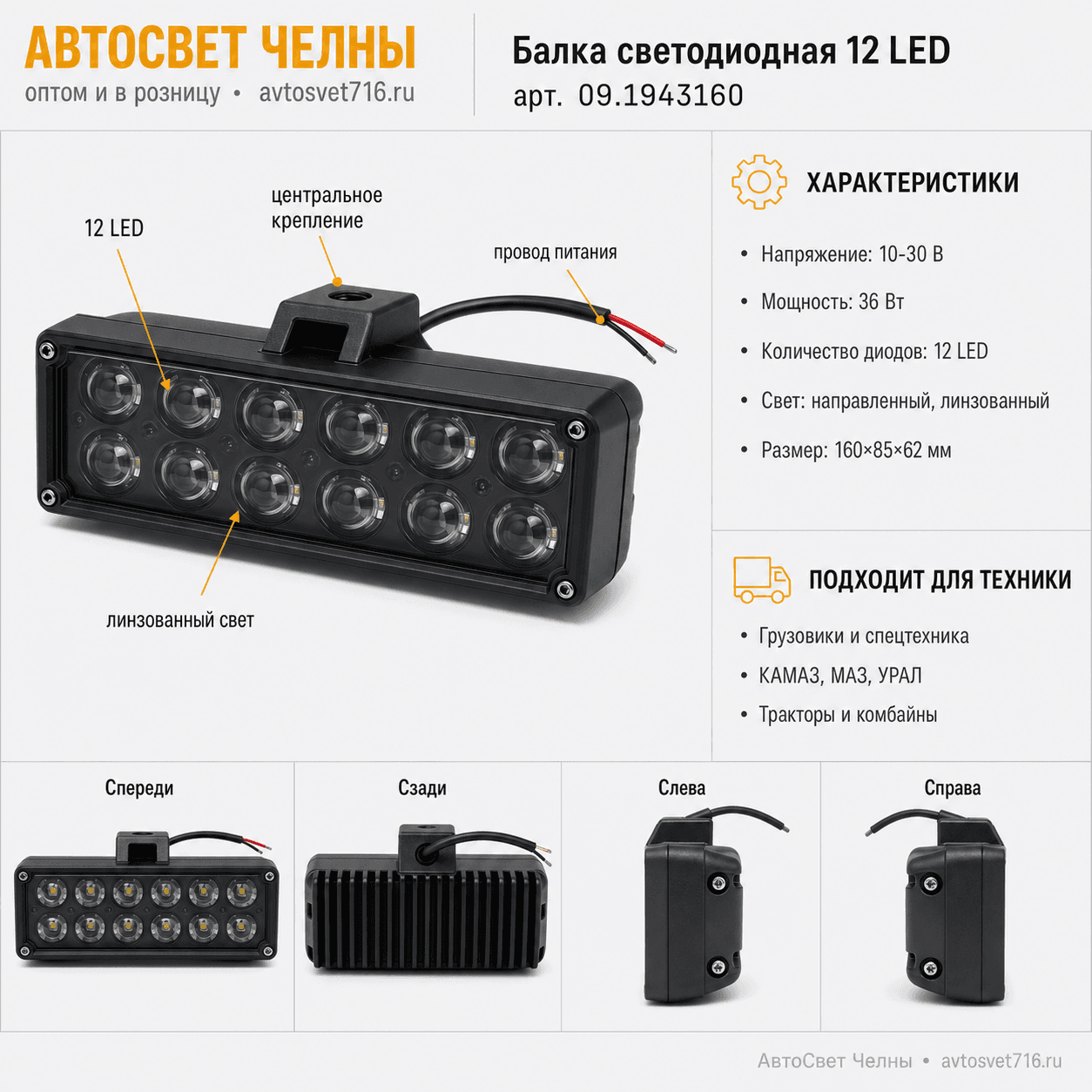 Балка светодиодная 12 LED 10-30V,напр.св.Линза 1креп,2ряд/АЕ/ 09.1943 АЕ-35 09.1943160