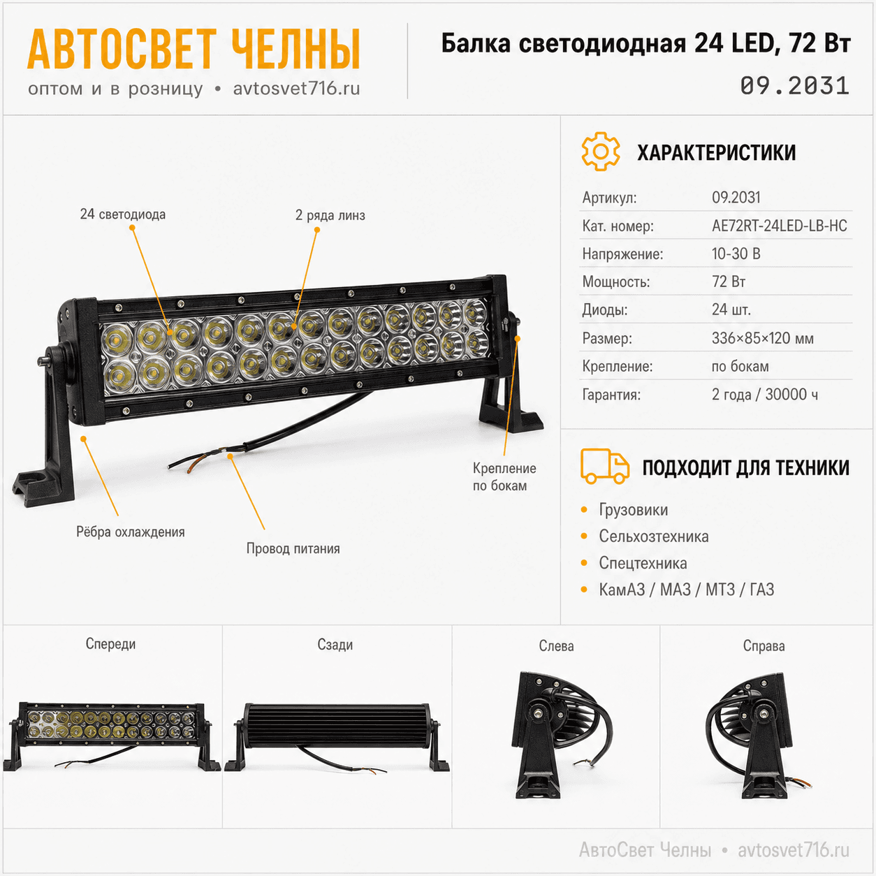 Балка светодиодная 24 LED двухрядная 10-30V, 72W,напр. свет ,09.2031 АЕ-30