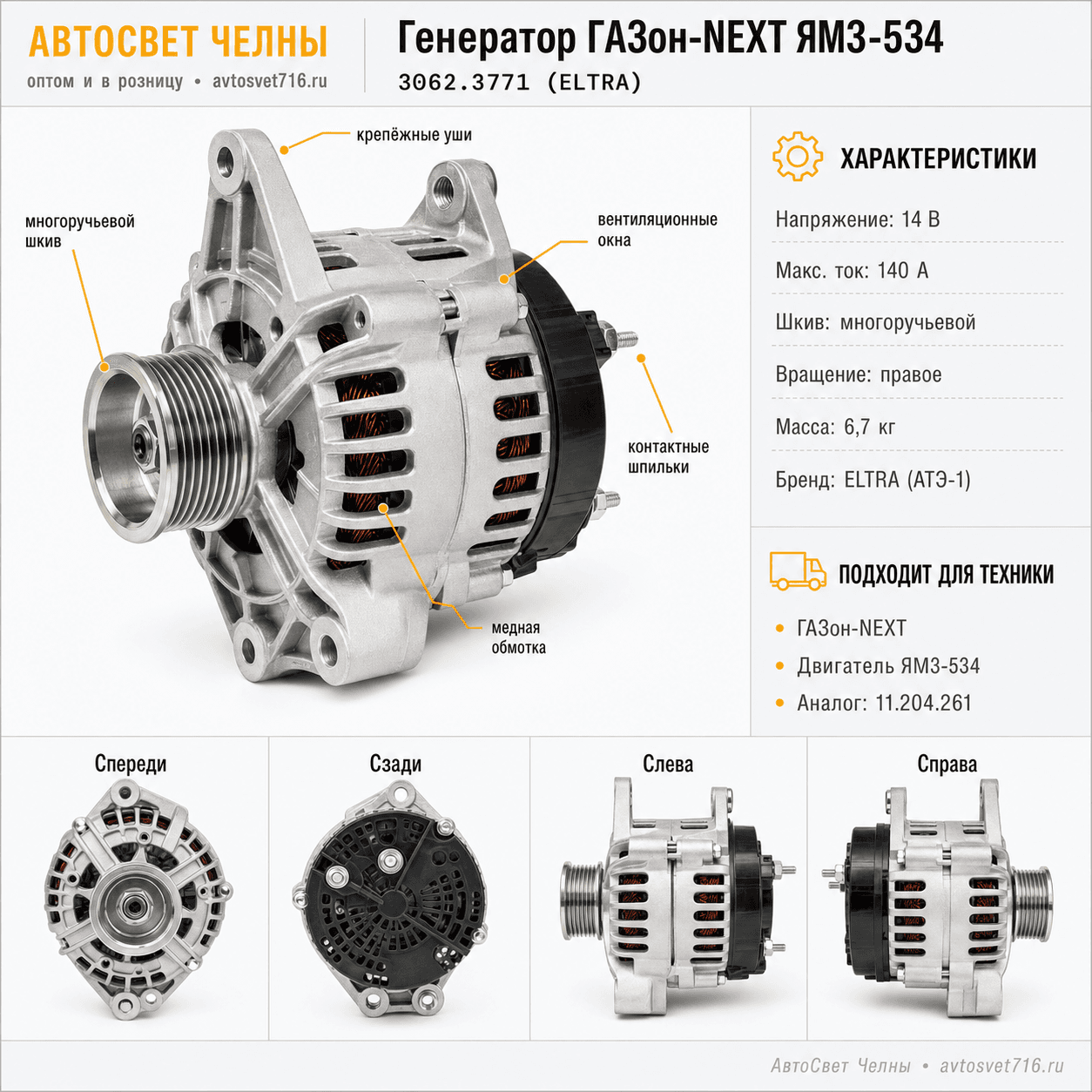 Генератор Газон-NEXT с дв. ЯМЗ-534 3062.3771 140А (ан.5343.3701,11.204.)/ELTRA 3062.3771 (ELTRA)