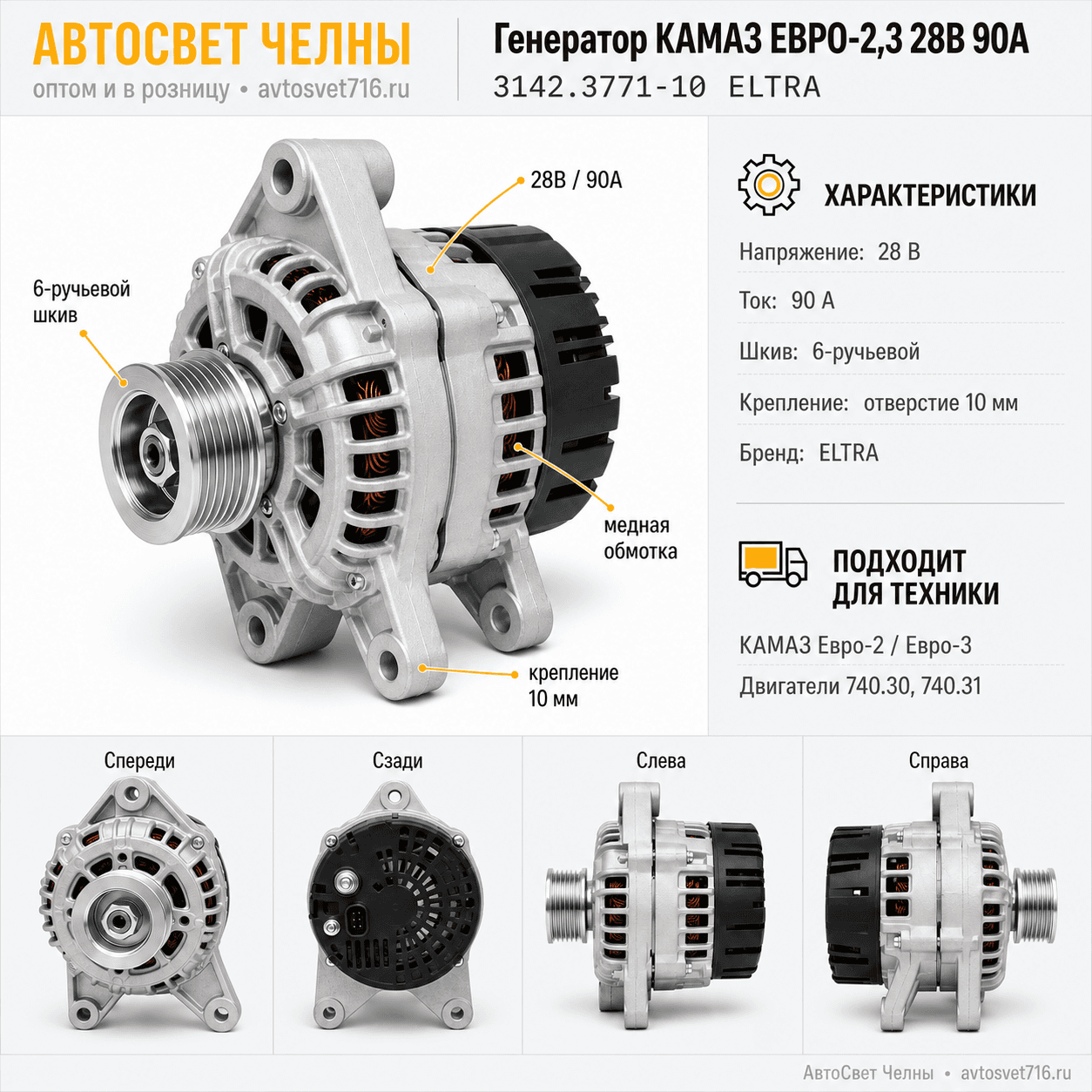 Генератор КАМАЗ ЕВРО-2,3 28В 90А 6 руч.крепление 10мм 3142.3771-10 /ELTRA