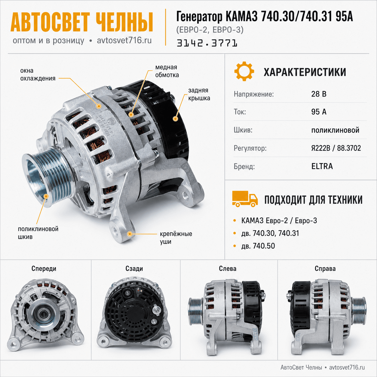 Генератор КАМАЗ дв.740.30, 740.31 95А (ЕВРО-2, ЕВРО-3) (ген.3142.3771-01 ELTRA)