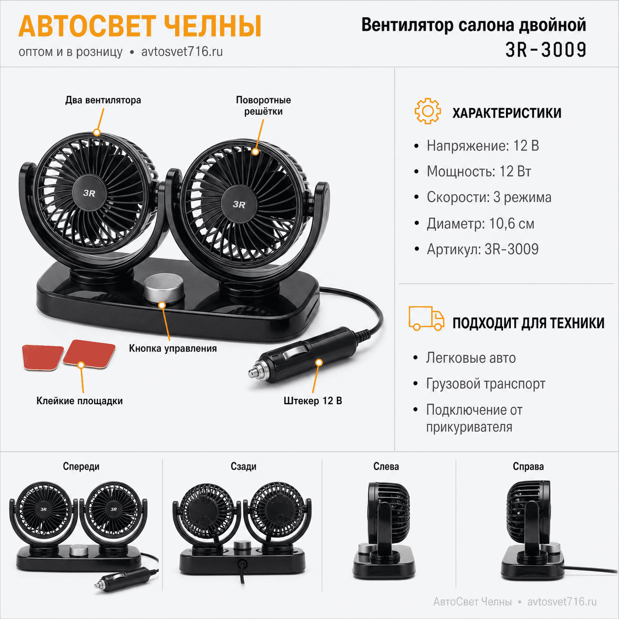 Вентилятор салона 12V двойной 10,6см 3R-3009 на панель приб. DC-12V,3 speeds