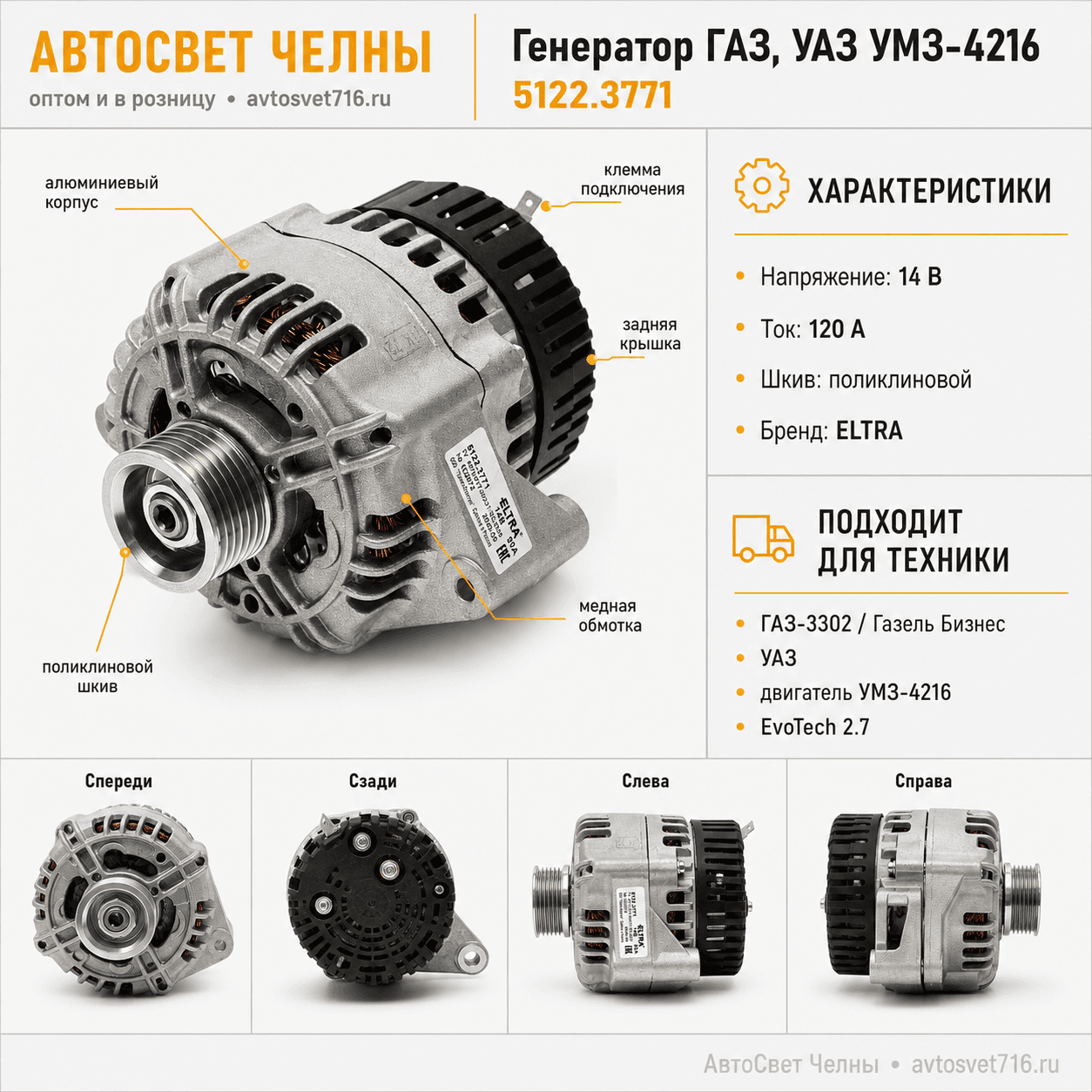 Генератор ГАЗ, УАЗ с дв УМЗ 4216 , 5122.3771-50 120 А поликл.шкив ELTRA