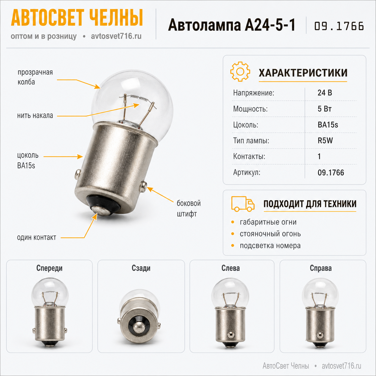Автолампа А24-5-1 габаритов маленькая 24в одноконт. IMPULS, 09.1766