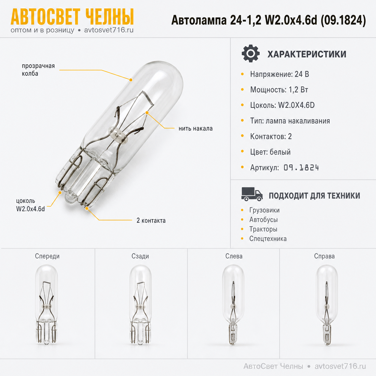 Автолампа 24-1,2 Wх4,6d без/ц (панель приборов) (09.1824)