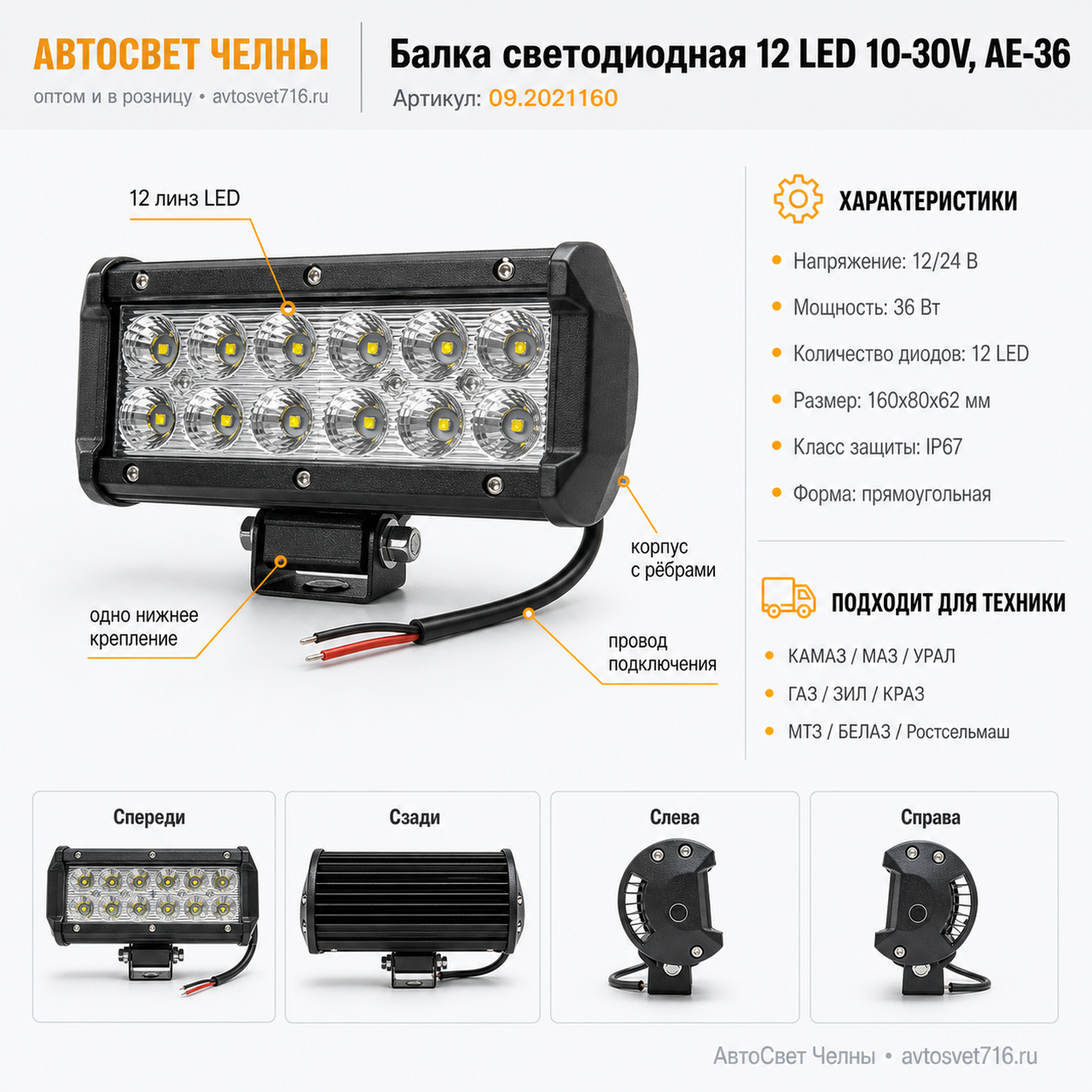 Балка светодиодная 12 LED 10-30V,(160х80х62мм)1 крепление РС, АЕ-36 09.2021 09.2021160