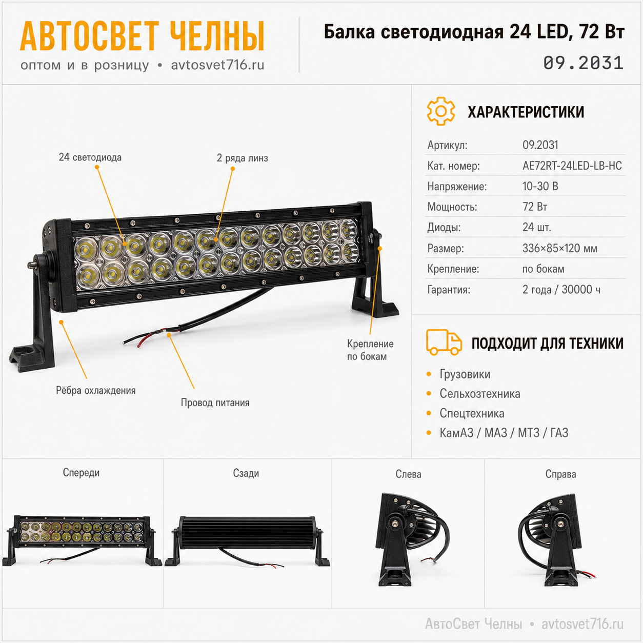 Балка светодиодная 24 LED двухрядная 10-30V, 72W,напр. свет ,09.2031 АЕ-30