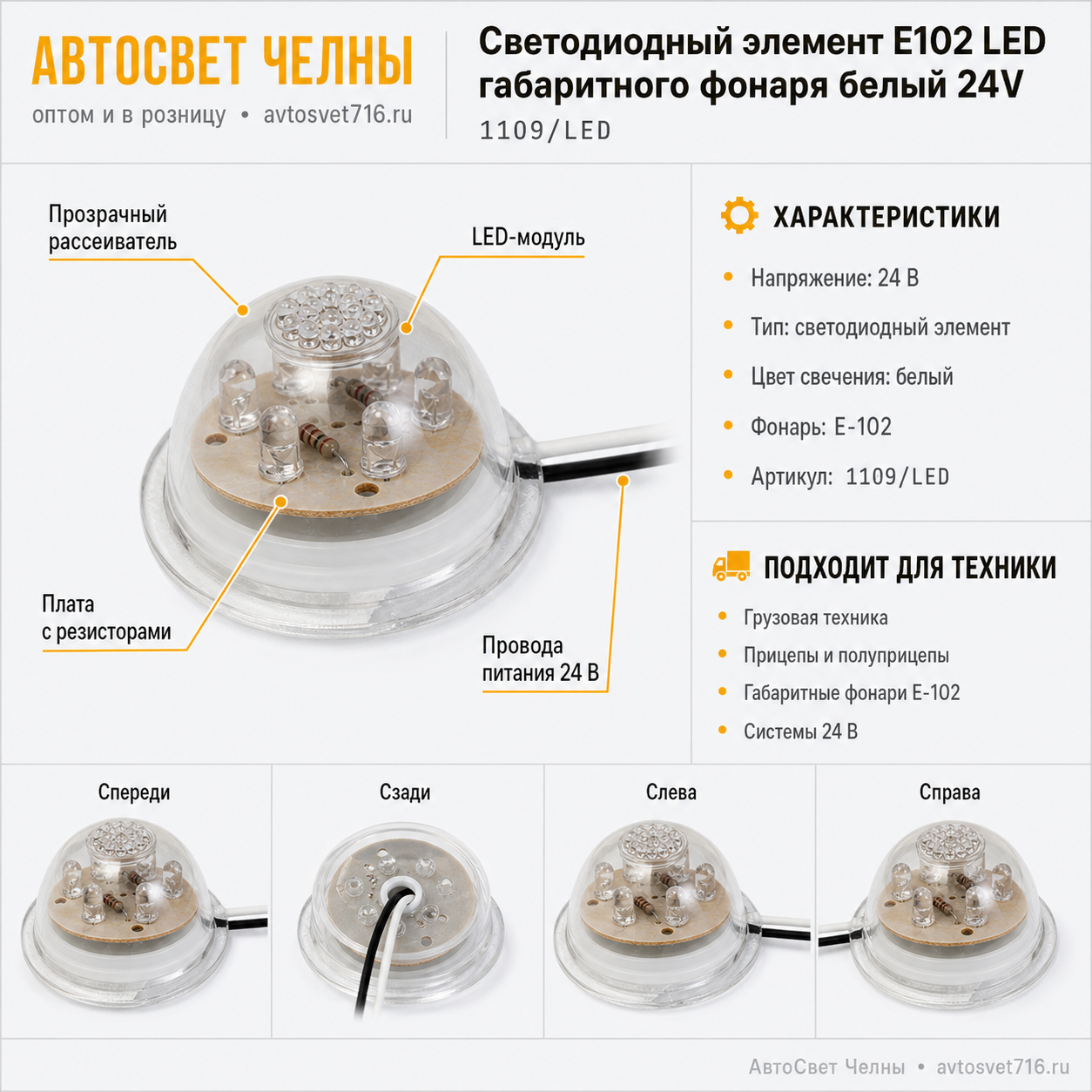 Светодиодный элемент Е102 LED габаритного фонаря белый 24V DA-00832 11