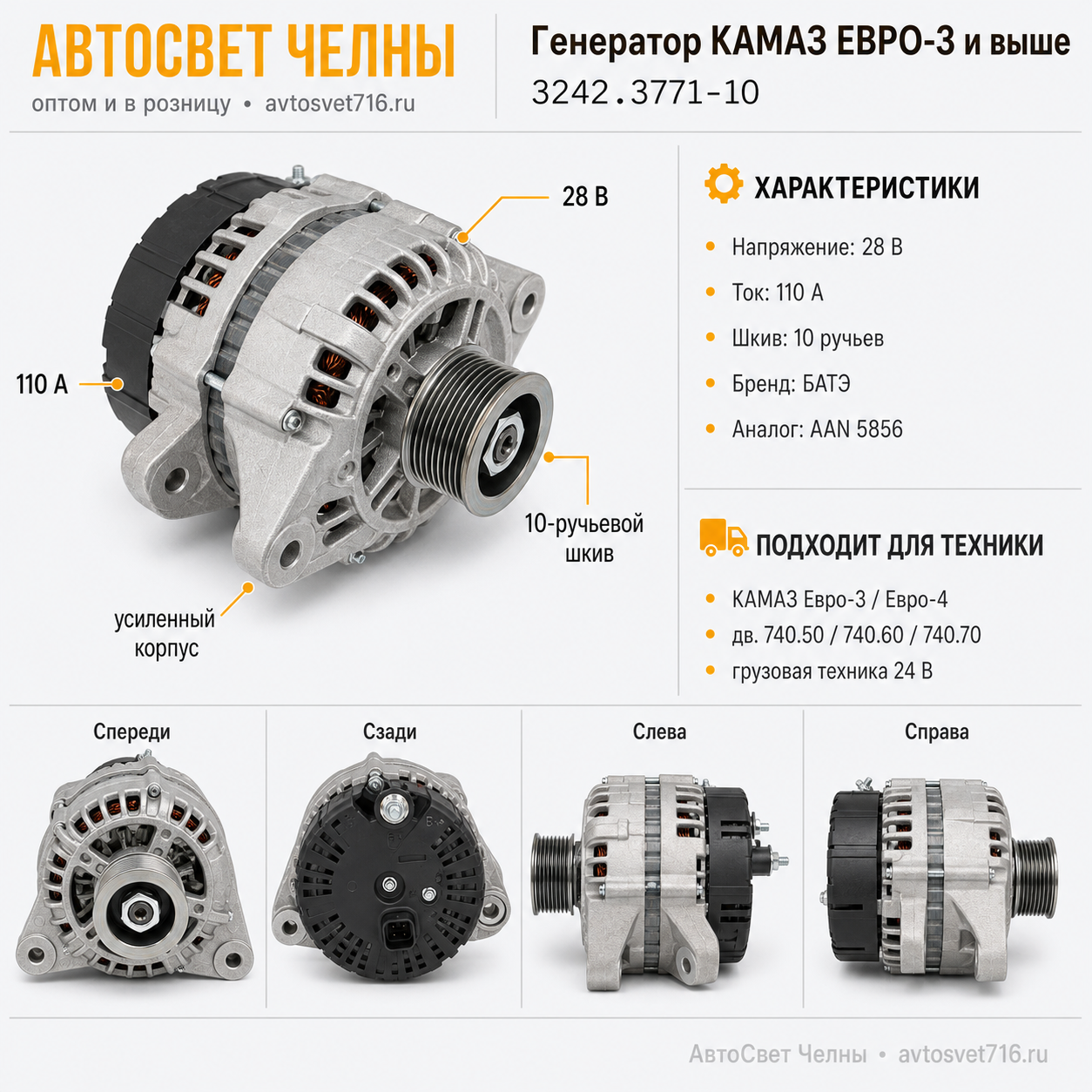 Генератор КАМАЗ ЕВРО-3 и выше десятиручьевой 28В 110 А (аналог AAN 585