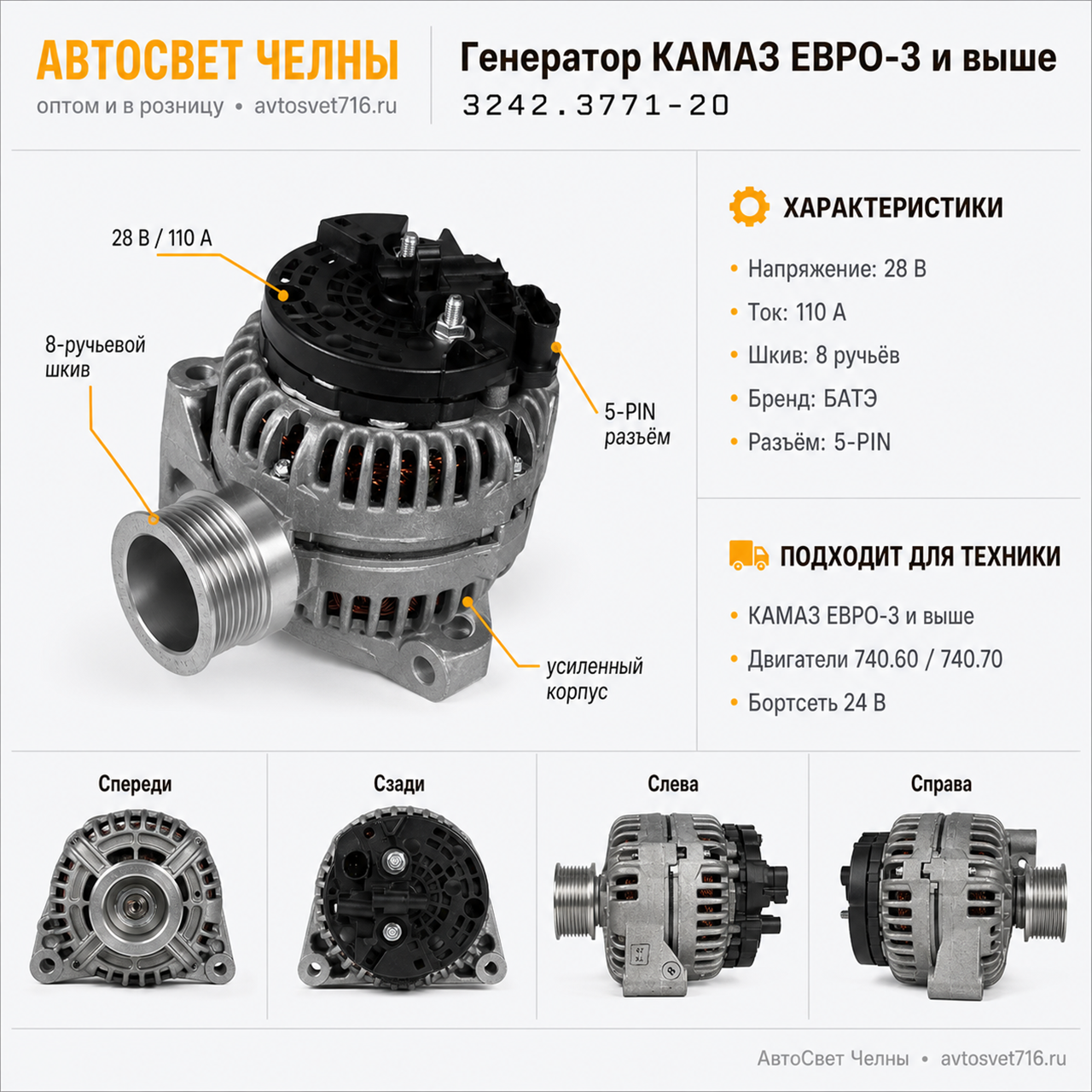 Генератор КАМАЗ ЕВРО-3 и выше восьмиручьевой 28В 110 А /БАТЭ 3242.3771-20