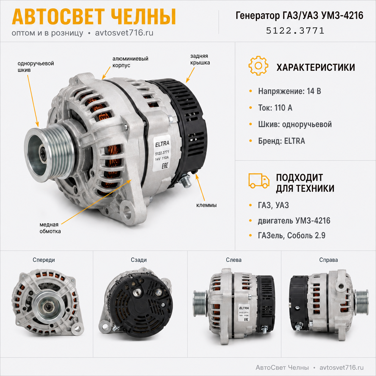 Генератор ГАЗ дв.УМЗ-4216, УАЗ, (ген.5122.3771-20Т14 В, 110 А) /ELTRA