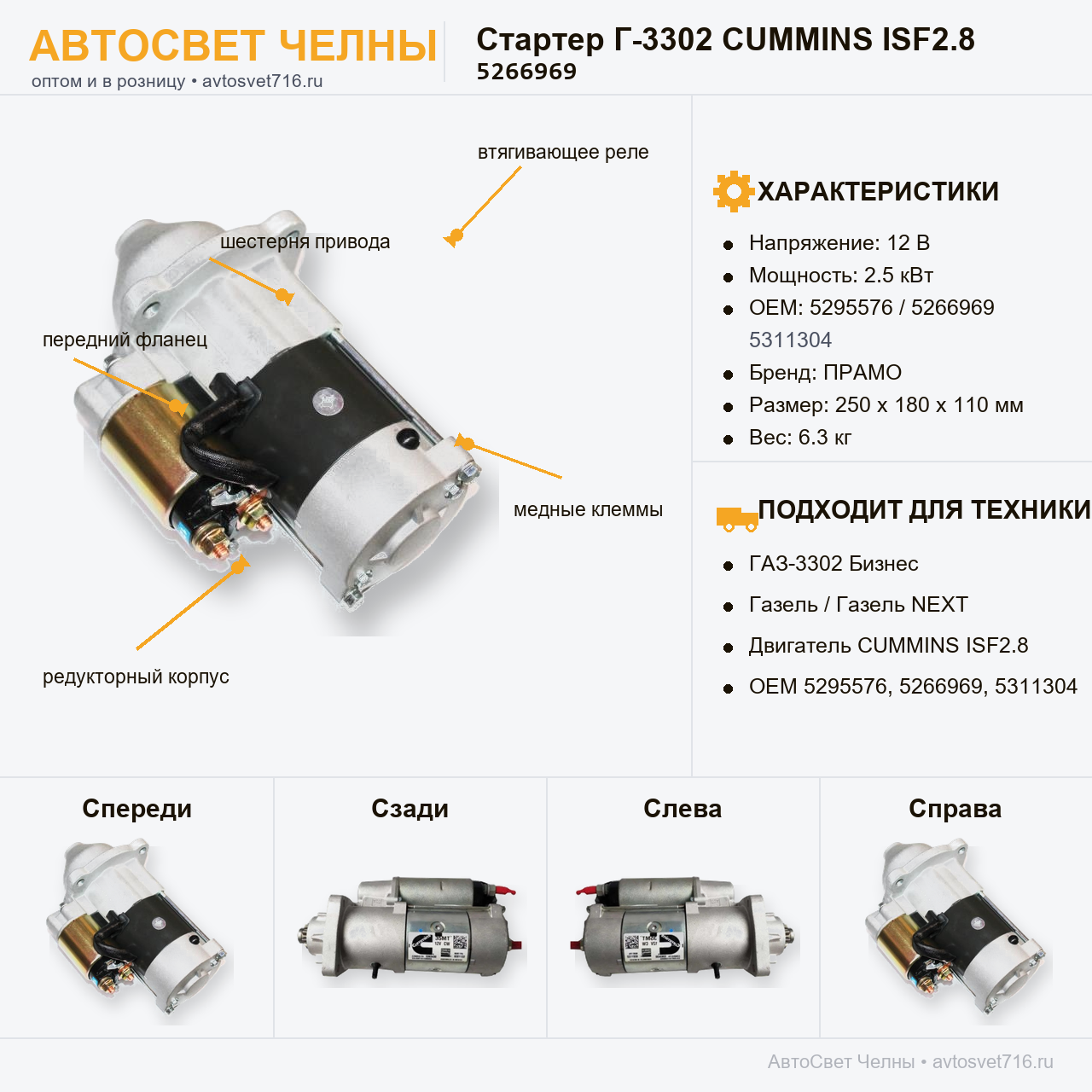 Стартер ГАЗ-3302 дв.CUMMINS ISF2.8 12В 2.5кВт ПРАМО,5295576/5266969/53