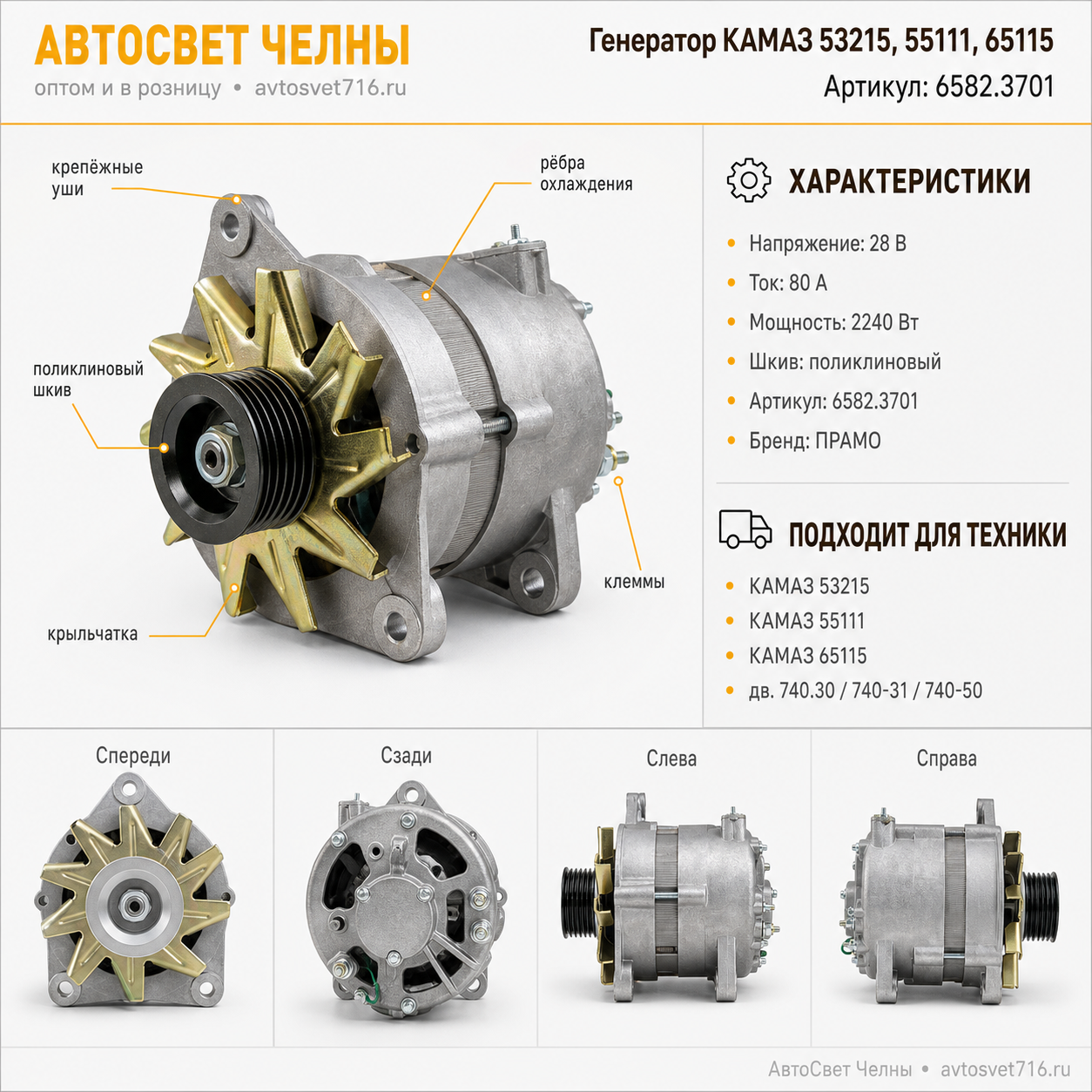 Генератор КАМАЗ 53215,55111,65115, 28 В, 80А, 2240 Вт (ген.6582.3701-04 АЕ