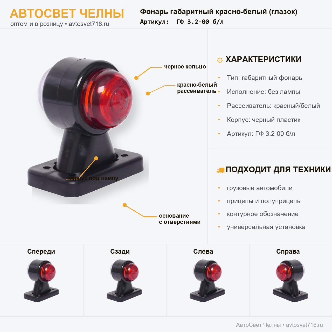 Фонарь габаритный ГФ3.2-00 крас/бел (глазок) черное кольцо Евросвет [8