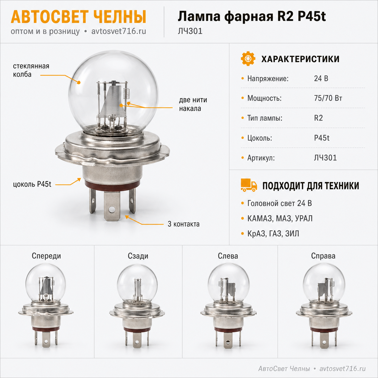 24-75-70 R2 Р45 Лампа фарная Диалуч ЛЧ301, 24275