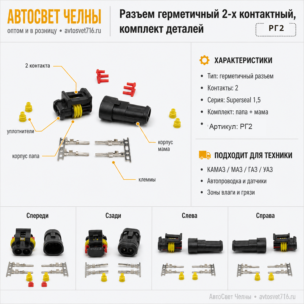 Разъем гермитичный 2-х контактный, Комплект деталей РГ2